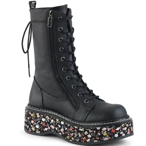 Cheap Demonia Cult Emily-350 Black Vegan Leather-Floral Fabric