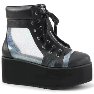 Flash Sale Demonia Cult Grip-102 Black Vegan Leather-Clear Hologram Tfaux Leather