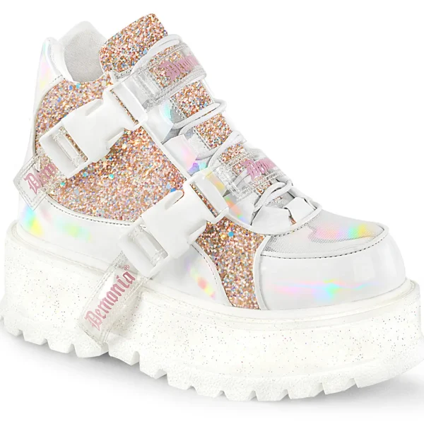 Cheap Demonia Cult Slacker-50 White Holographic Patent-Baby Pink Multi Glitter